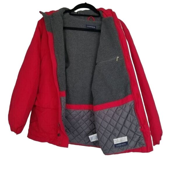 Lands' End Red Nylon Hooded Fleece Lined Squall Parka Ski Winter Coat L 14-16 - Picture 3 of 12
